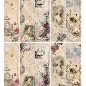 May include: A digital collage sheet with eight vintage-style images. The images include a clock, a teapot, a cat, a woman in a dress, a woman in a hat, and a woman reading a book. The images are in shades of pink, blue, and brown.