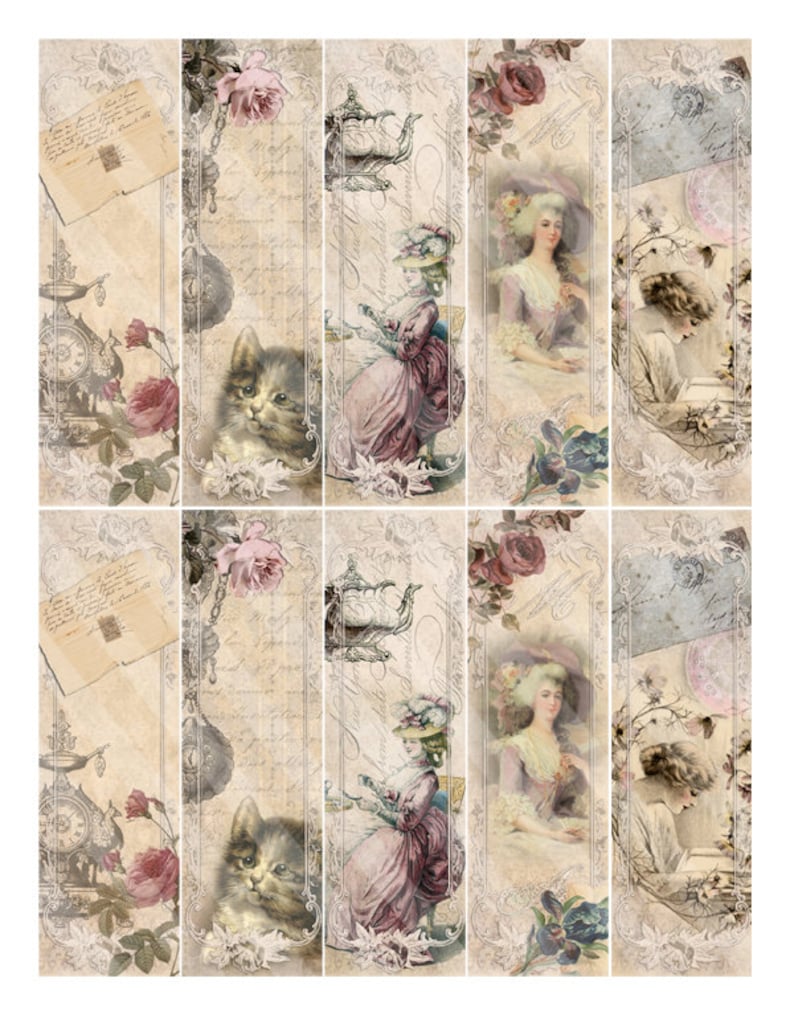 May include: A digital collage sheet with eight vintage-style images. The images include a clock, a teapot, a cat, a woman in a dress, a woman in a hat, and a woman reading a book. The images are in shades of pink, blue, and brown.