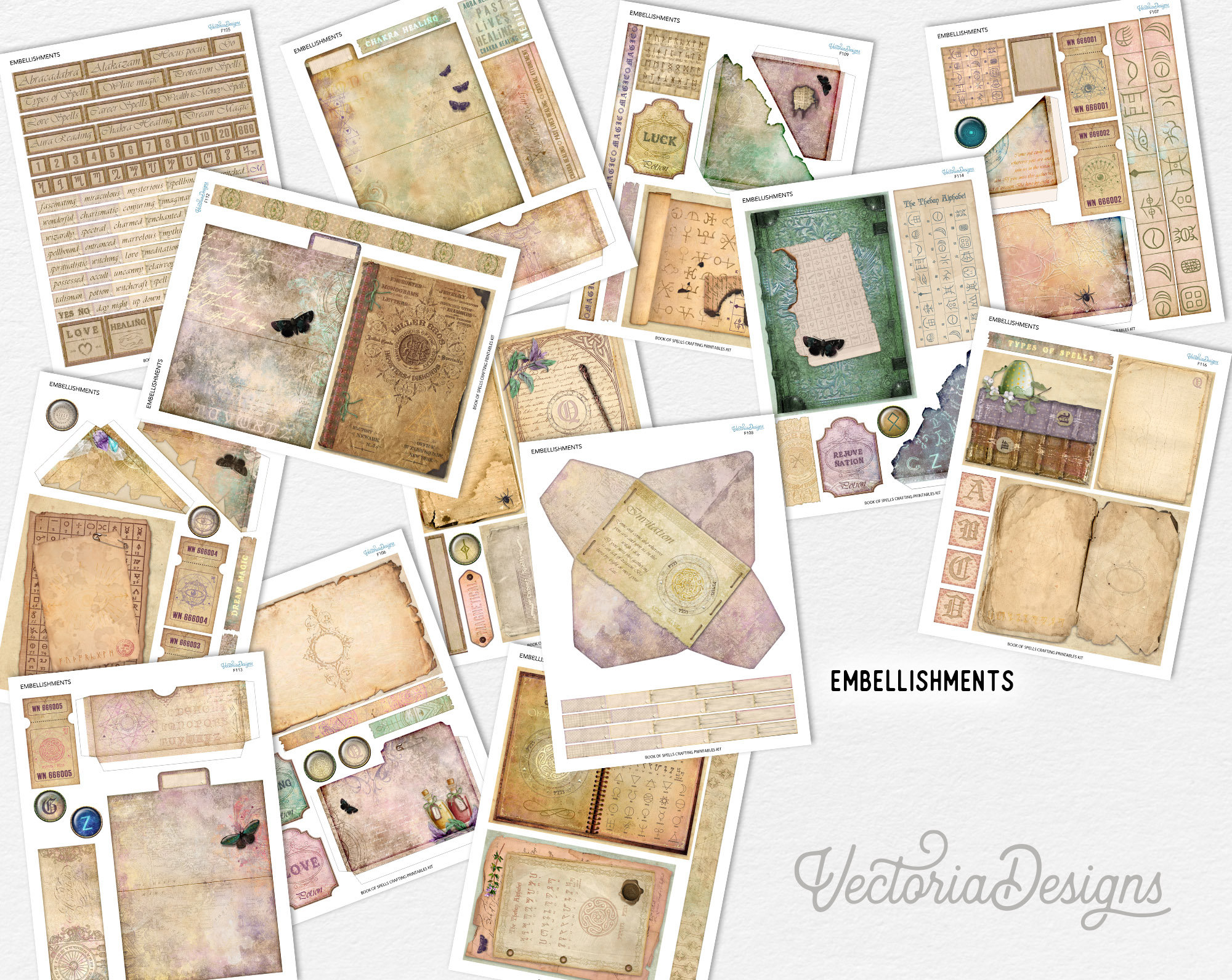 Book Of Spells Crafting Printables Kit, Craft Kits, Junk Journal Printable,  White Witch Journal, Magic Junk Journal, Supplies Kit- 002249