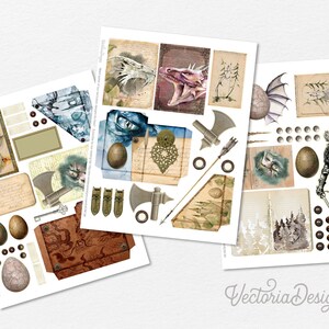 May include: Three sheets of printable digital paper with a dragon theme. The sheets feature illustrations of dragons, eggs, axes, keys, and other fantasy elements. The paper is perfect for scrapbooking, card making, and other paper crafts.
