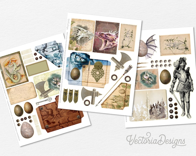 May include: Three sheets of printable digital paper with a dragon theme. The sheets feature illustrations of dragons, eggs, axes, keys, and other fantasy elements. The paper is perfect for scrapbooking, card making, and other paper crafts.
