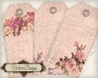 Printable Gift Tags, Shabby Elegant Gift Tags, Pink Gift Tags, Digital Tags, Printable Tags, Pink Flowers Tags, Floral Pink Tags 000502