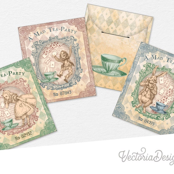 Alice’s Tea Bag Envelopes, Printables Envelopes, Digital Envelopes, Tea Party, Craft Printable, Vintage Envelopes, Digital Download - 002525