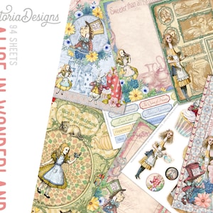 May include: A set of 94 digital printable sheets featuring illustrations from Alice in Wonderland. The sheets include images of Alice, the Mad Hatter, the Queen of Hearts, and other characters from the book. The sheets are perfect for creating junk journals, scrapbooks, and other paper crafts.