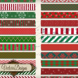 May include: A collection of decorative washi tape strips with various Christmas-themed patterns. Designs include red and green stripes, polka dots, snowflakes, and candy canes. The "Vectoria Designs" logo is visible.