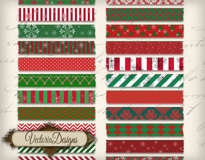 May include: A collection of decorative washi tape strips with various Christmas-themed patterns. Designs include red and green stripes, polka dots, snowflakes, and candy canes. The "Vectoria Designs" logo is visible.