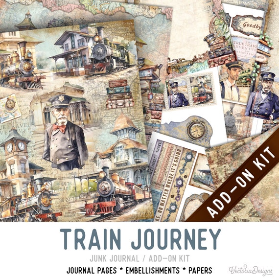 Train Journey Junk Journal Kit ADD-ON, Printable Craft kit including Journal Pages, Embellishments and Papers - 003307