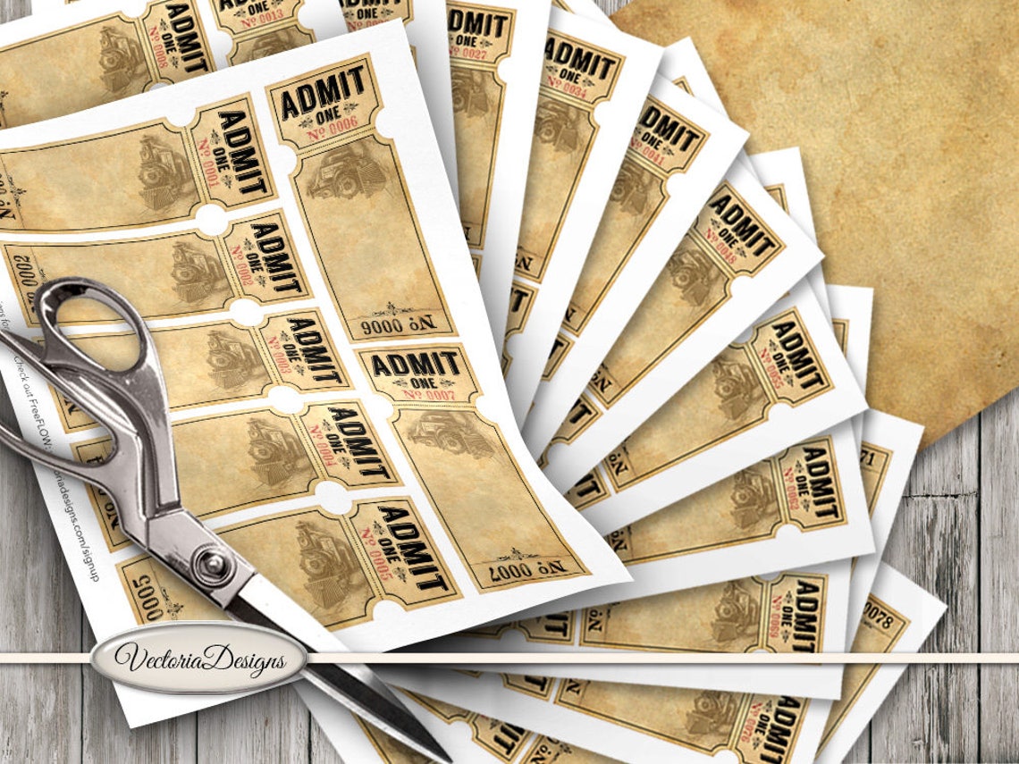 retro train tickets with numbers 1 91 printable admit one