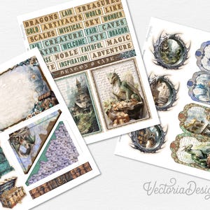 Puede incluir: Una colecci&oacute;n de hojas de papel impresas con ilustraciones de dragones, que incluyen un drag&oacute;n verde, un castillo de piedra, cofres del tesoro y marcos circulares. El texto incluye palabras como DRAGONS, LAIR, TREASURES, GOLD, ARTIFACTS y DRAGON LAIR.