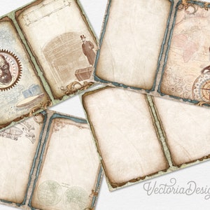 May include: A collection of vintage-style scrapbook paper sheets with a steampunk theme. The sheets feature sepia tones, maps, portraits, and illustrations of airships and compasses. Each sheet has a distressed edge and a blue border.
