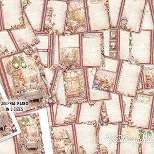 May include: A set of printable journal pages featuring a vintage, cottagecore aesthetic. The pages are decorated with floral elements, a cozy armchair, and a bookshelf. The text "Journal Pages in 3 Sizes" is included on one of the pages.