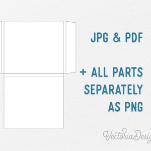 May include: A printable template for a box with a flap. The template is shown in black and white on a white background. The text "JPG & PDF + ALL PARTS SEPARATELY AS PNG" is shown in blue text.