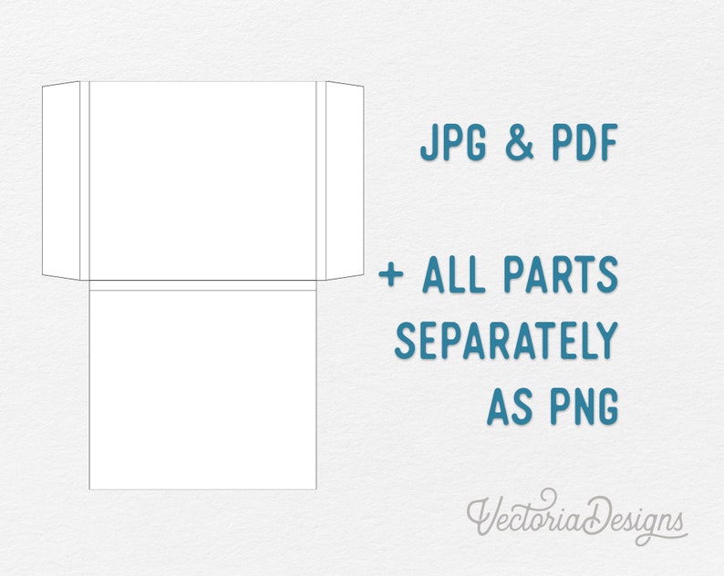 May include: A printable template for a box with a flap. The template is shown in black and white on a white background. The text "JPG & PDF + ALL PARTS SEPARATELY AS PNG" is shown in blue text.