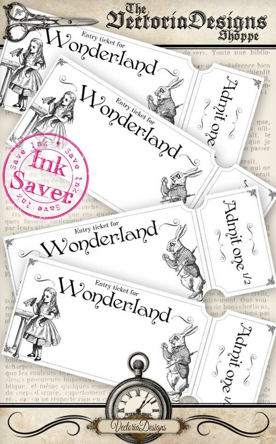 Alice in Wonderland Entry Tickets printable invitation ticket add text ink saver digital download sheet file instant download - 000121