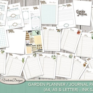 Puede incluir: Una colecci&oacute;n de p&aacute;ginas de papel blanco con el texto "GARDEN JOURNAL" en una fuente marr&oacute;n vintage. Las p&aacute;ginas incluyen dise&ntilde;os rayados y de cuadr&iacute;cula, junto con elementos decorativos como ilustraciones bot&aacute;nicas y etiquetas. Para la planificaci&oacute;n y el diario de jardiner&iacute;a.