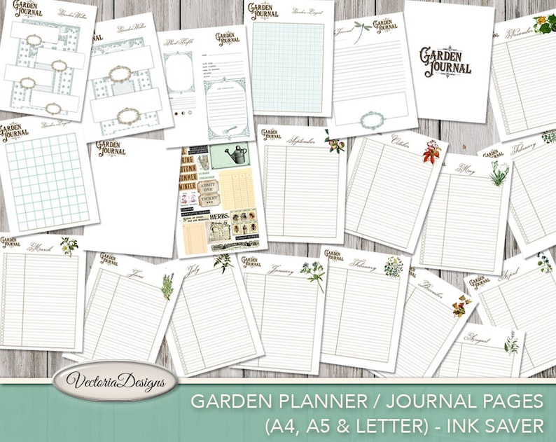 Puede incluir: Una colecci&oacute;n de p&aacute;ginas de papel blanco con el texto "GARDEN JOURNAL" en una fuente marr&oacute;n vintage. Las p&aacute;ginas incluyen dise&ntilde;os rayados y de cuadr&iacute;cula, junto con elementos decorativos como ilustraciones bot&aacute;nicas y etiquetas. Para la planificaci&oacute;n y el diario de jardiner&iacute;a.