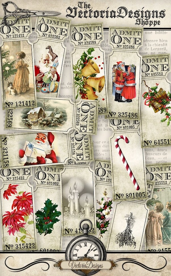 Christmas Tickets, Vintage Christmas Labels, Christmas Party Tickets, Digital Tickets, Christmas Embellishments, Xmas Tickets 001016