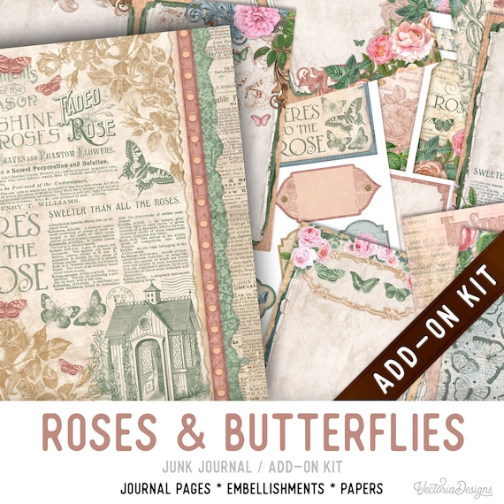 Roses & Butterflies Junk Journal Kit ADD-ON, Printable Craft kit with Journal Pages, Embellishments and Papers - 003247