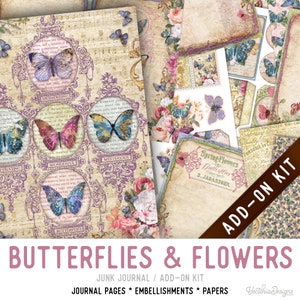 Butterflies & Flowers Junk Journal Kit ADD-ON, Printable Junk Journal Pages Printable Junk Journal Kit Craft kits Vintage Journal 003249