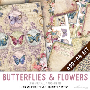 Butterflies & Flowers Junk Journal Kit ADD-ON, Printable Junk Journal Pages Printable Junk Journal Kit Craft kits Vintage Journal 003249