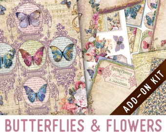 Butterflies & Flowers Junk Journal Kit ADD-ON, Printable Junk Journal Pages Printable Junk Journal Kit Craft kits Vintage Journal 003249