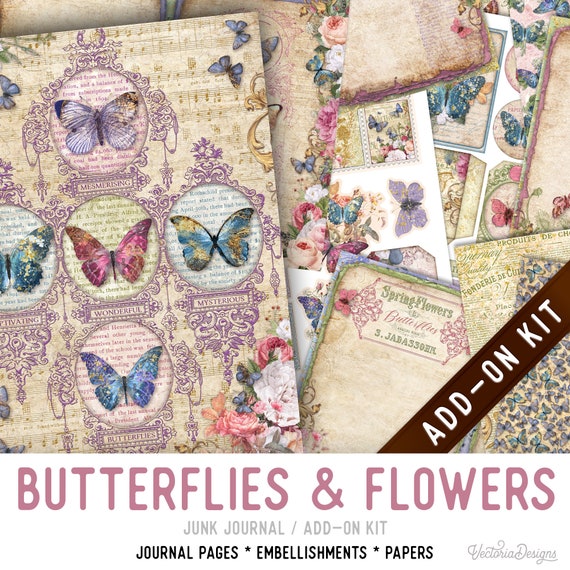Butterflies & Flowers Junk Journal Kit ADD-ON, Printable Craft kit with Journal Pages, Embellishments and Papers - 003249