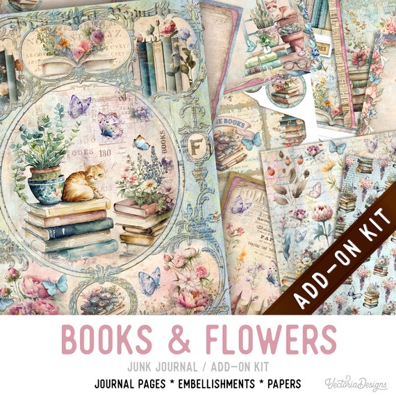 Books & Flowers Junk Journal Kit, Printable Pages, Embellishments (Add-On) - 003216