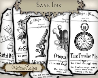 Steampunk Apothecary Labels, Halloween Labels, Printable Paper Craft, Bottle Halloween Prints, Potion Bottles Sheets, Scrapbooking 000399