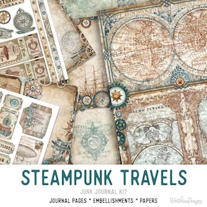 Steampunk Travels Junk Journal Kit, Steampunk Embellishments, Steampunk Junk Journal Kit, Craft kits, Printable Junk Journal Kit - 002520