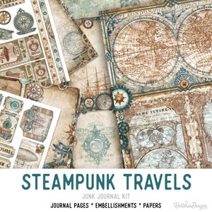 Steampunk Travels Junk Journal Kit, Steampunk Embellishments, Steampunk Junk Journal Kit, Craft kits, Printable Junk Journal Kit - 002520