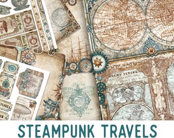 Steampunk Travels Junk Journal Kit, Steampunk Embellishments, Steampunk Junk Journal Kit, Craft kits, Printable Junk Journal Kit - 002520