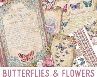 Butterflies and Flowers Junk journal Kit Butterflies Embellishments Flowers Paper Printable Junk Journal Kit Butterflies Craft Kit 002811