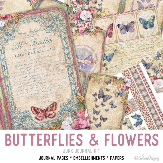 Butterflies and Flowers Junk journal Kit - Printable Pages for Crafting - 002811