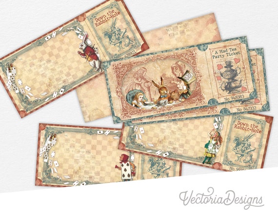 Alice in Wonderland Tickets, Printable Tickets, Printable Event Tickets, Scrapbooking Ephemera, Crafting Printables, Junk Journal - 002533