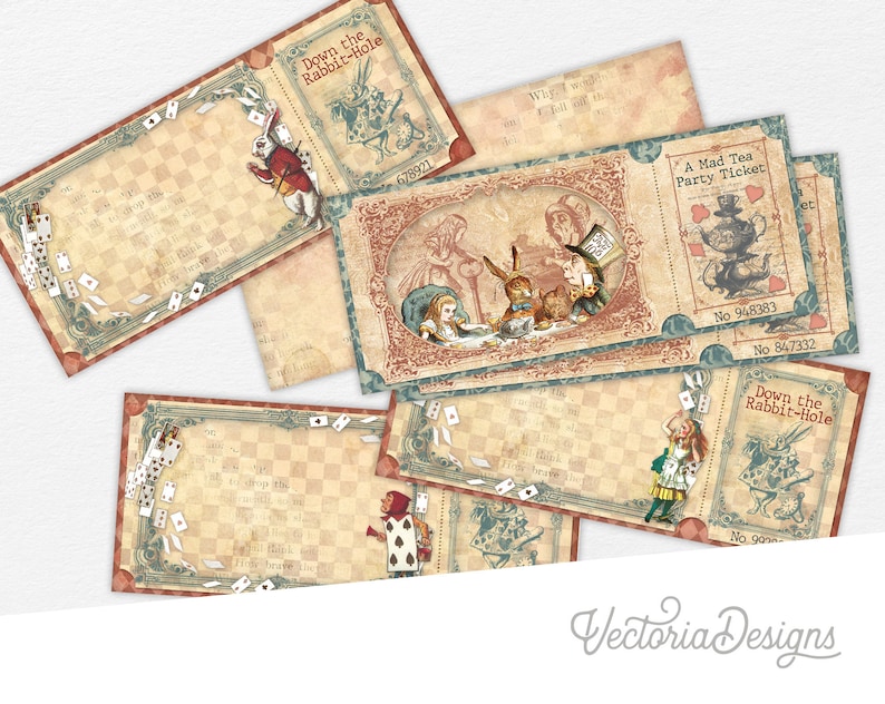 May include: A set of six printable Alice in Wonderland themed party tickets. The tickets are decorated with illustrations of Alice, the Mad Hatter, and the White Rabbit. The tickets are in a vintage style with a distressed background and ornate borders. The text on the tickets includes "Down the Rabbit-Hole", "A Mad Tea Party Ticket", and "No 948383".