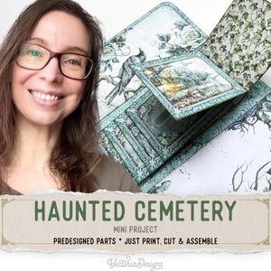 Può includere: Un kit creativo digitale intitolato Haunted Cemetery Mini Project con parti pre-disegnate da stampare, ritagliare e assemblare. La grafica mostra una scena scura e dettagliata con un uccello, rose e motivi di edera in tonalità verde acqua.
