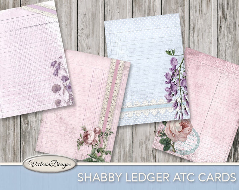 Shabby Ledger ATC cards printable cards floral flower 2.5 x 3.5 inch paper crafting scrapbooking digital download instant sheet 001735 image 2