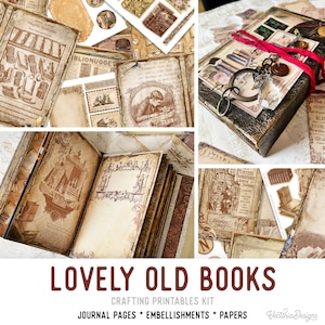 Lovely Old Books Crafting Printables Kit, Vintage Junk Journal, Old Paper Embellishments, Old Paper Craft Kits, Journal Tutorial - 002359