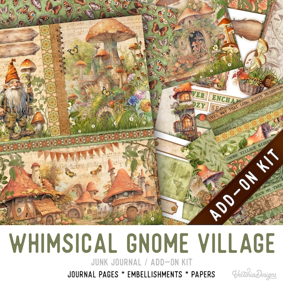 Whimsical Gnome Village Junk Journal Add-On Kit, Printable Pages, Embellishments - 003394