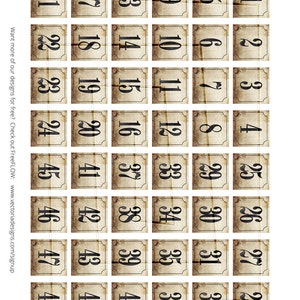 May include: A set of 48 vintage-style number cards, printed on a textured paper background. The numbers range from 1 to 48.
