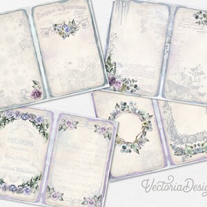 May include: Six digital scrapbook paper designs featuring a vintage aesthetic with floral and botanical elements in shades of purple, blue, and green. The papers have a distressed, textured look and include text and decorative borders.