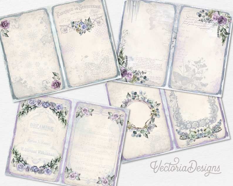May include: Six digital scrapbook paper designs featuring a vintage aesthetic with floral and botanical elements in shades of purple, blue, and green. The papers have a distressed, textured look and include text and decorative borders.