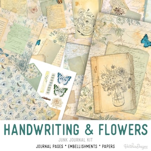 Handwriting & Flowers Junk Journal Kit, Printables Junk Journal Kit, Journal Supplies, Junk Journal Ephemera, Flowers Journal Kit   002138