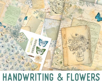 Handwriting & Flowers Junk Journal Kit, Printables Junk Journal Kit, Journal Supplies, Junk Journal Ephemera, Flowers Journal Kit   002138