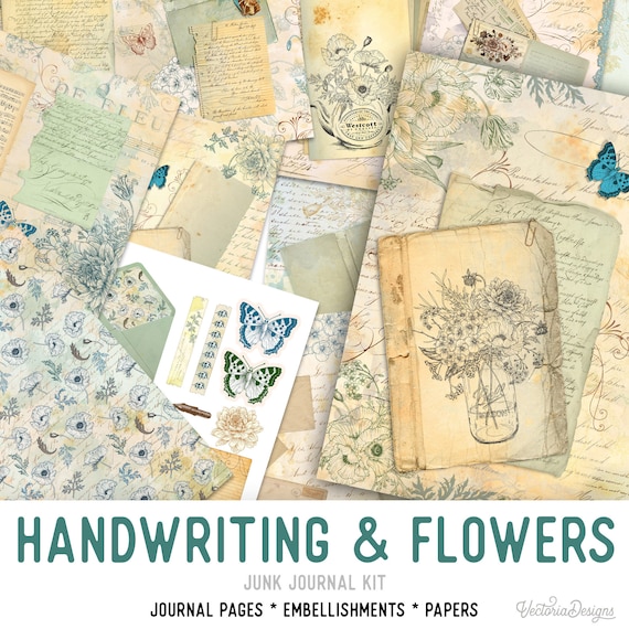 Handwriting & Flowers Junk Journal Kit, Printables Junk Journal Kit, Journal  Supplies, Junk Journal Ephemera, Flowers Journal Kit 002138 