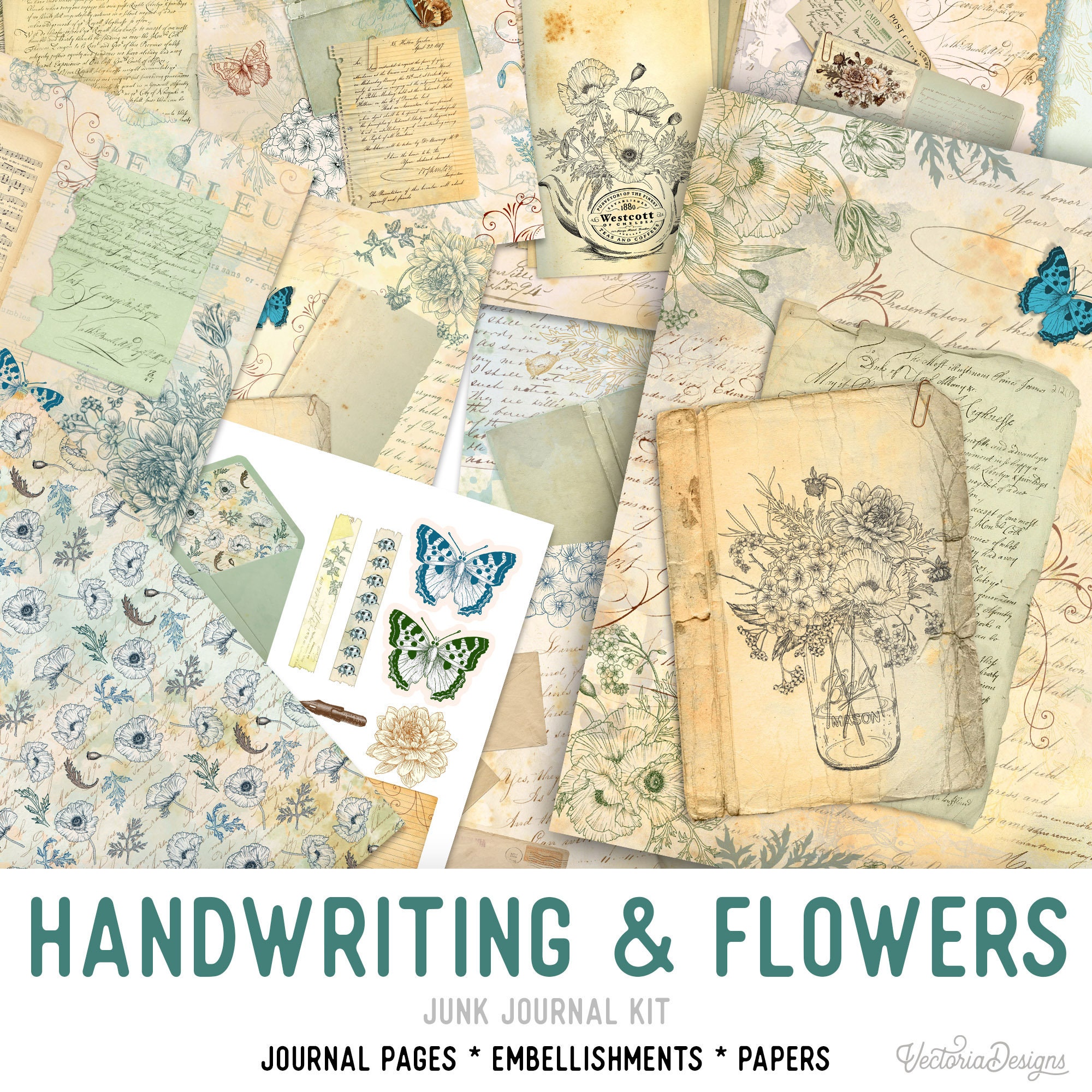 Handwriting & Flowers Junk Journal Kit, Printables Junk Journal Kit, Journal  Supplies, Junk Journal Ephemera, Flowers Journal Kit 002138