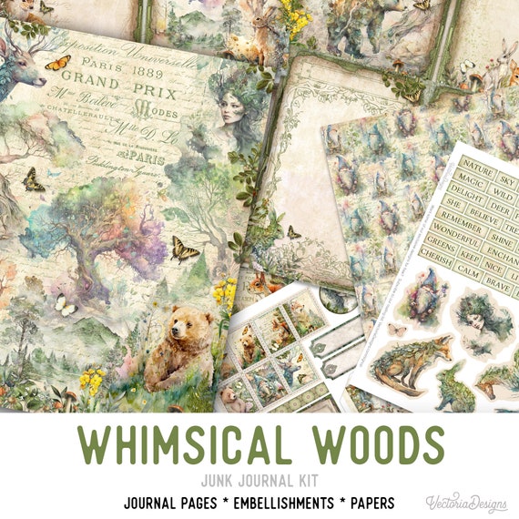 Whimsical Woods Junk Journal Kit - Printable Pages for Crafting - 002986
