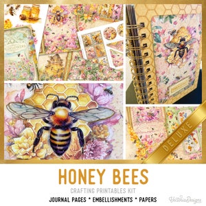 Honey Bees Junk Journal Kit DELUXE, Honey Bees Crafting Printables Kit Honey Embellishments Printable Paper Bees Kit Craft Tutorial - 003284