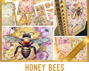 Honey Bees Junk Journal Kit DELUXE, Honey Bees Crafting Printables Kit Honey Embellishments Printable Paper Bees Kit Craft Tutorial - 003284