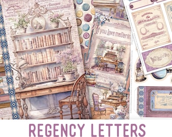 Könnte beinhalten: Ein Junk-Journal-Set mit dem Titel "Regency Letters" in lila Schrift. Das Set enthält eine Vielzahl von Papieren, Verzierungen und Journalseiten mit einem Vintage-Look. Die Papiere zeigen Bilder von Bücherregalen, einem Klavier und einem Spinnrad. Die Verzierungen umfassen Etiketten, Anhänger und dekorative Elemente.